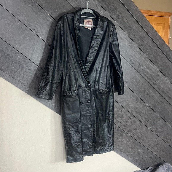 International Leather Women M Genuine Leather Longline Coat Button Black Vintage - Picture 2 of 10